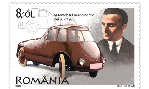 Primului automobil cu profil aerodinamic din lume, construit de inginerul român Aurel Persu. Timbru emis de Romfilatelia