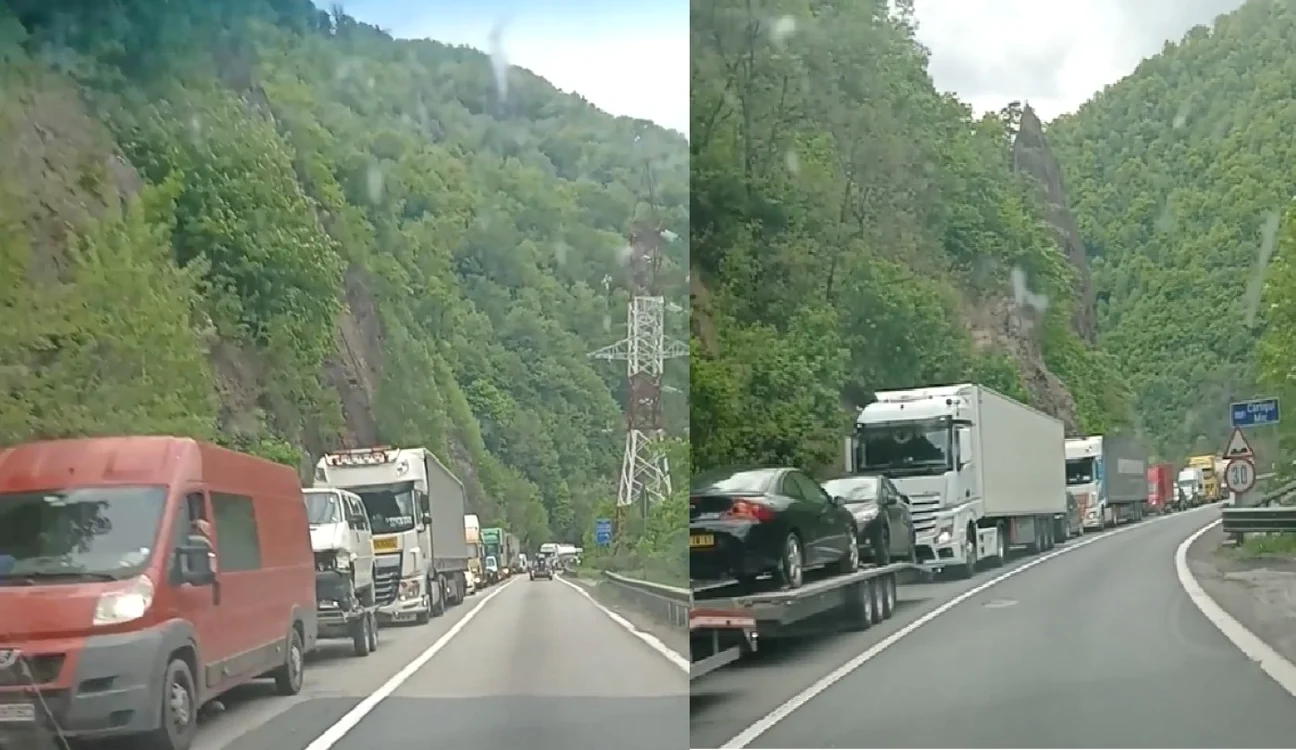 Cozi interminabile în trafic, pe Valea Oltului, de când au început lucrările la Viaductul Valea Poştei, în Vâlcea Foto colaj