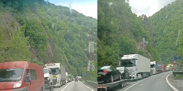 Blocaj în trafic pe Valea Oltului - urmare a lucrărilor la Viaductul Valea Poştei de pe DN7 în Vâlcea Foto colaj