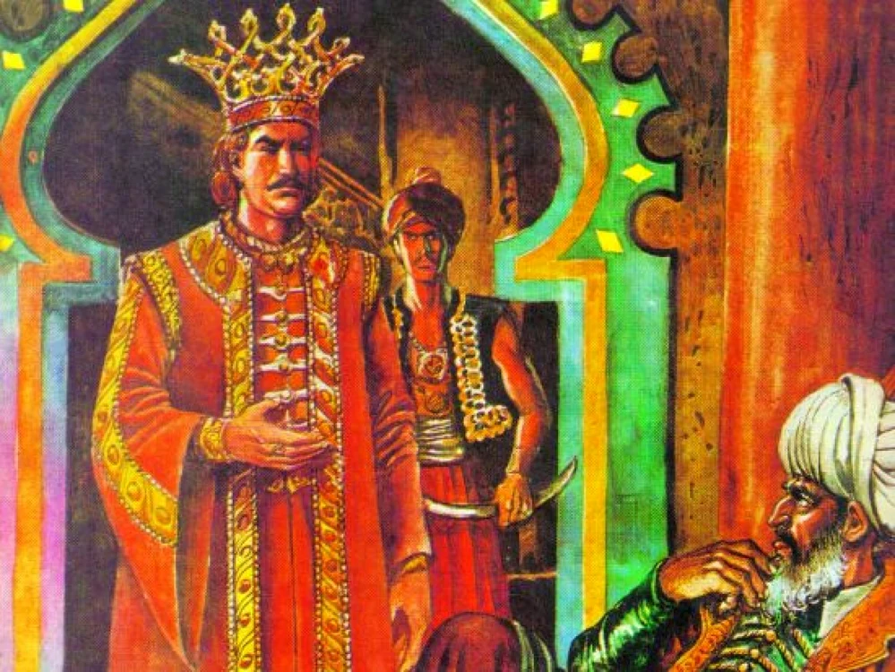 Petru Rareş (stânga) şi Suleyman Magnificul (dreapta), desen din cartea lui Dumitru Almaş „Povestiri Istorice”. Desenul este realizat de Valentin Tănase