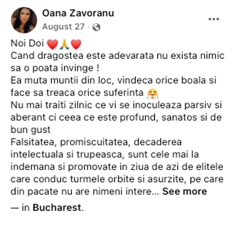 Postarea Oanei Zăvoranu / foto: Captură Facebook
