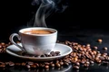 steaming cup coffee saucer with coffee beans scattered around jpg