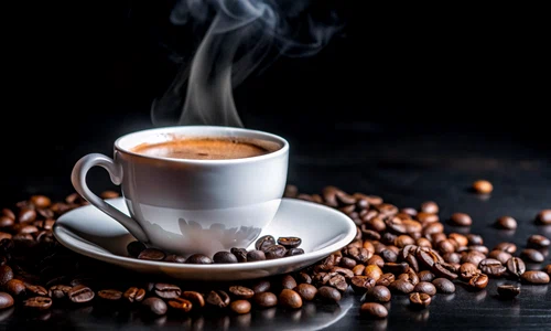 steaming cup coffee saucer with coffee beans scattered around jpg