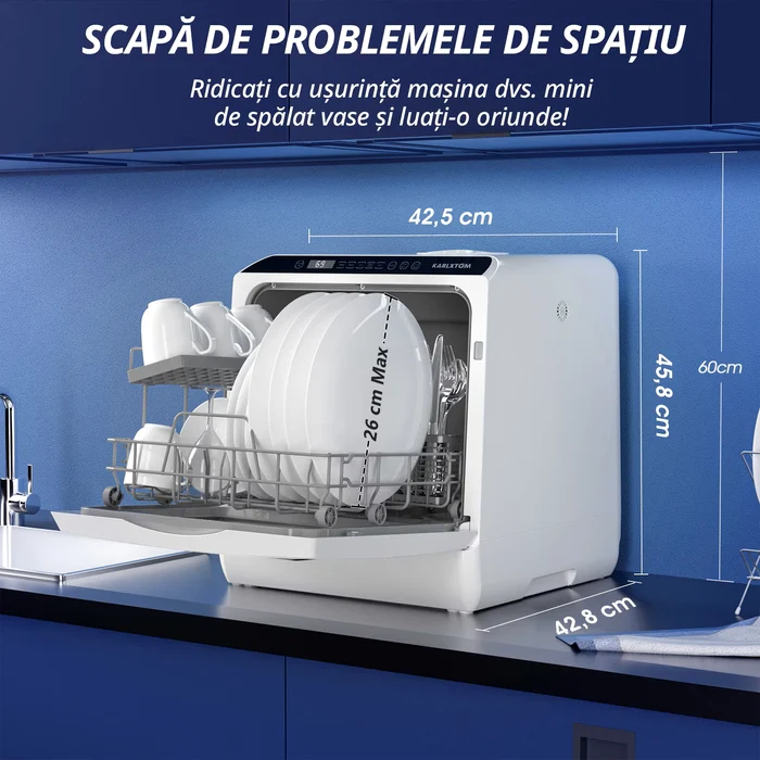 Mașină de spălat vase compactă cu specificații despre dimensiuni Sursă eMAG jpg
