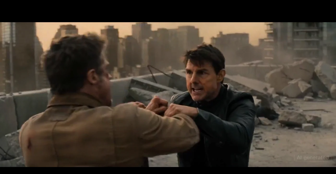 Tom Cruise și Brad Pitt par să se dueleze pe un acoperiș la apus. FOTO: Captură Video / X