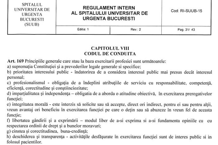 În codul de conduită al Spitalului Universitar de Urgenţă Bucureşti este interzisă şpaga