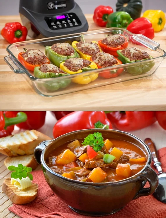 Ardei umpluți și tocăniță, două preparate prezentate într-un colaj culinar