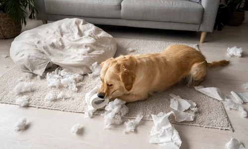 cute dog playing with toilet paper high angle jpg