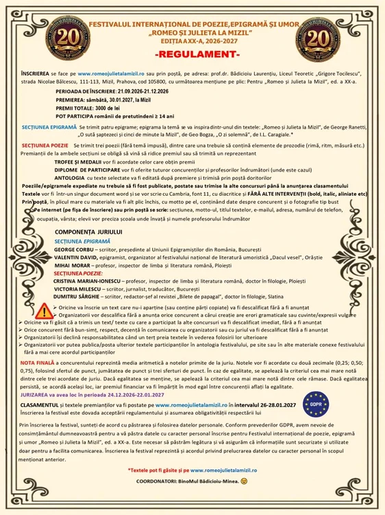 Regulament înscriere  ediția a XX-a a Festivalului „Romeo și Julieta la Mizil”