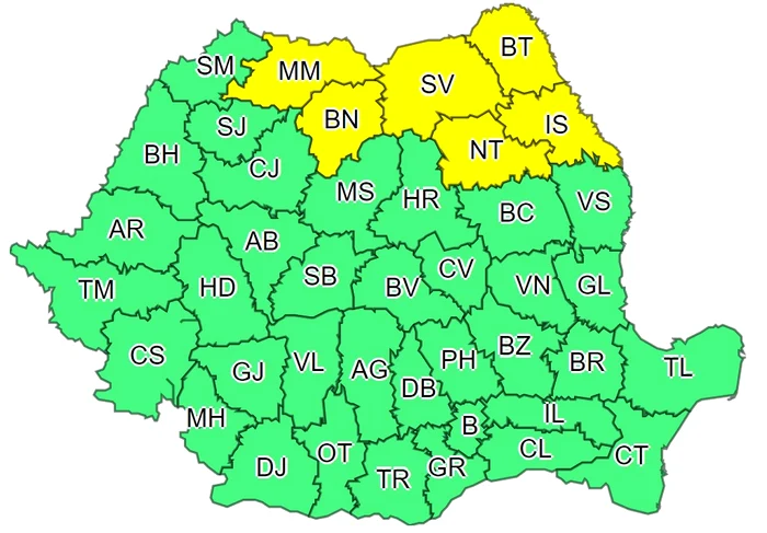 Cele șase județe vizate de codul galben