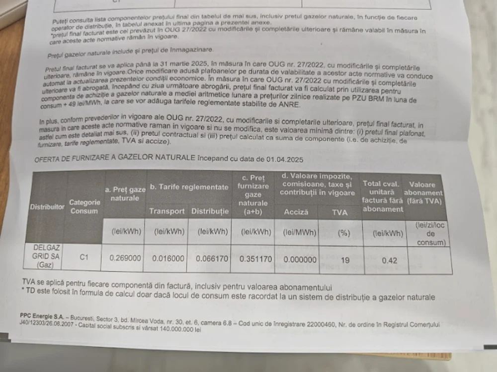 Imagine cu oferta trimisă prin Poștă unui cliient casnic