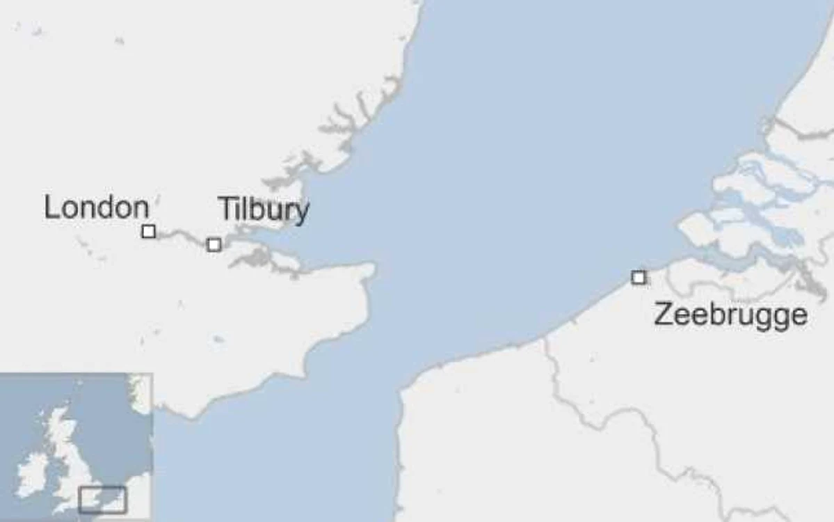 Harta traseu maritim Belgia - Marea Britanie (Tilbury Docks) FOTO BBC