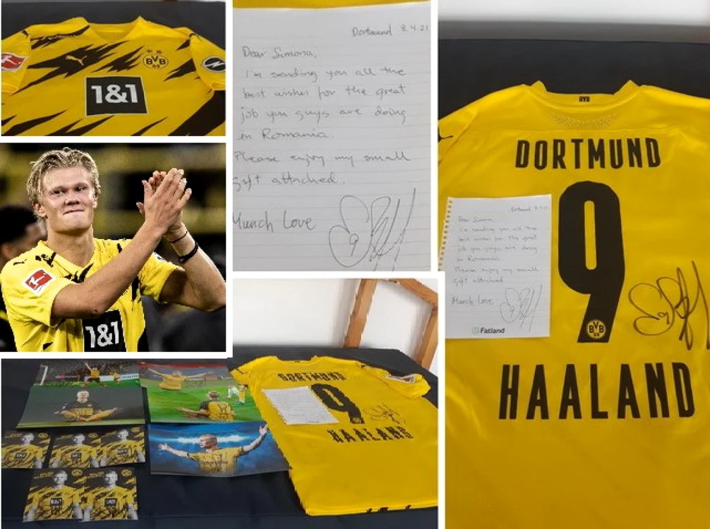 Gestul arbitrului asistent orădean Octavian Şovre, care i-a cerut autograf în scop caritabil l-a impresionat pe starul Borussiei Dortmund, Erling Haaland, care a vrut să contribuie şi personal. foto: Facebook SOS Autism/Bundesliga.com