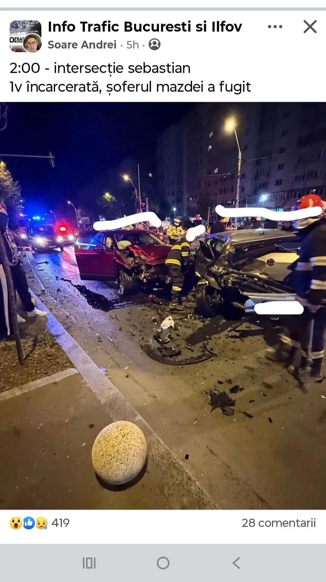 Accident grav în Capitală, în Sectorul 5: o persoană este încarcerată, iar unul dintre șoferi a fugit de la locul faptei