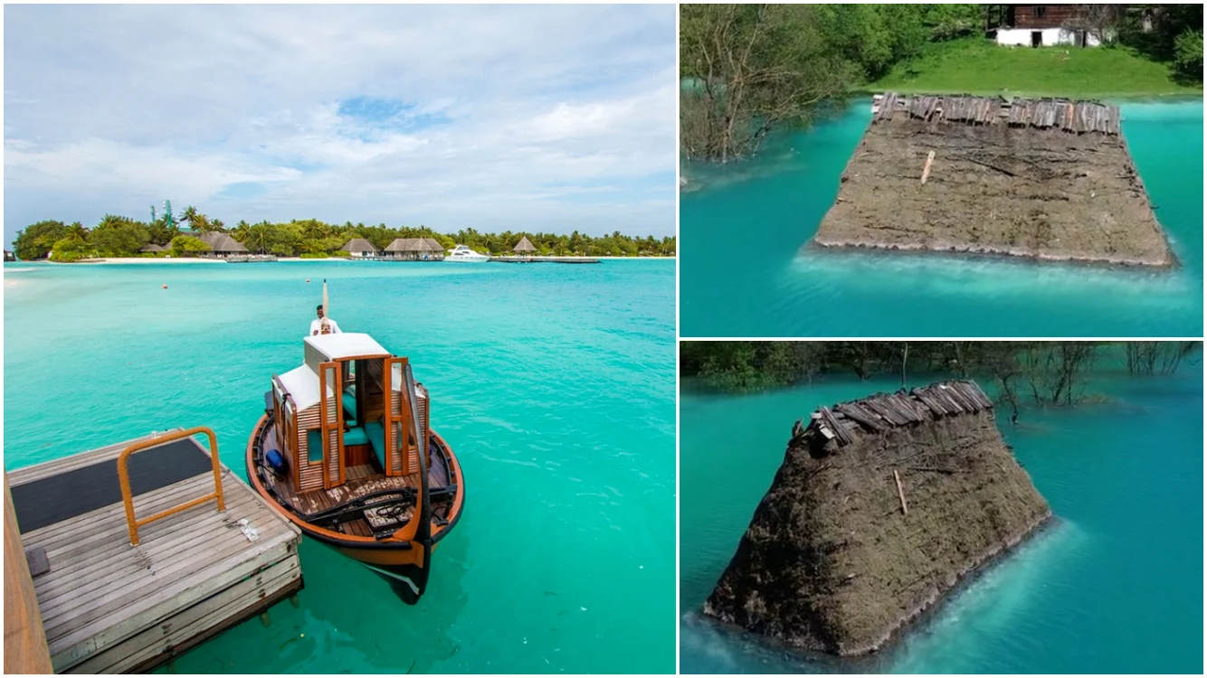 Satul scufundat din România are porțiuni unde amintește de Maldive. Foto: colaj/captura