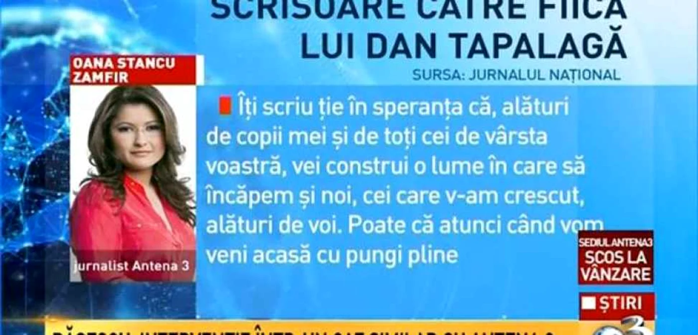Frament din scrisoarea Oanei Zamfir către fiica jurnalistului Dan Tapalagă FOTO paginademedia