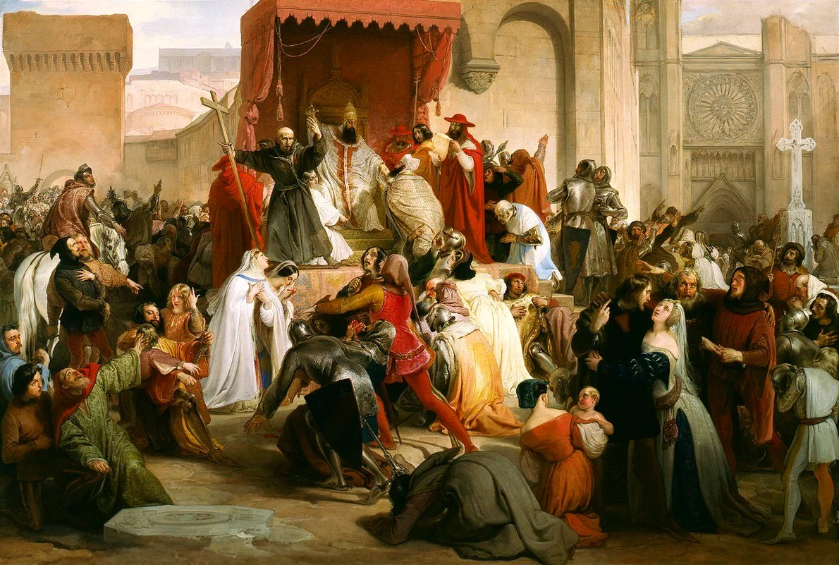 Papa Urban al II-lea la Clermont predicând Prima Cruciadă. Pictură de Francesco Hayez
