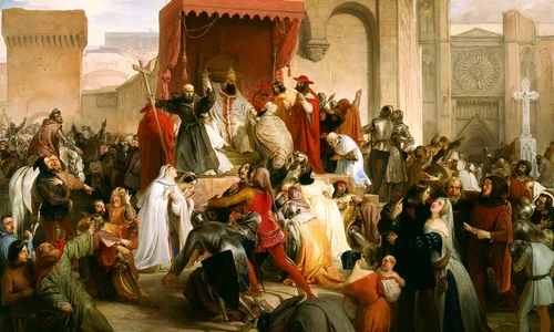 Papa Urban al II-lea la Clermont predicând Prima Cruciadă. Pictură de Francesco Hayez