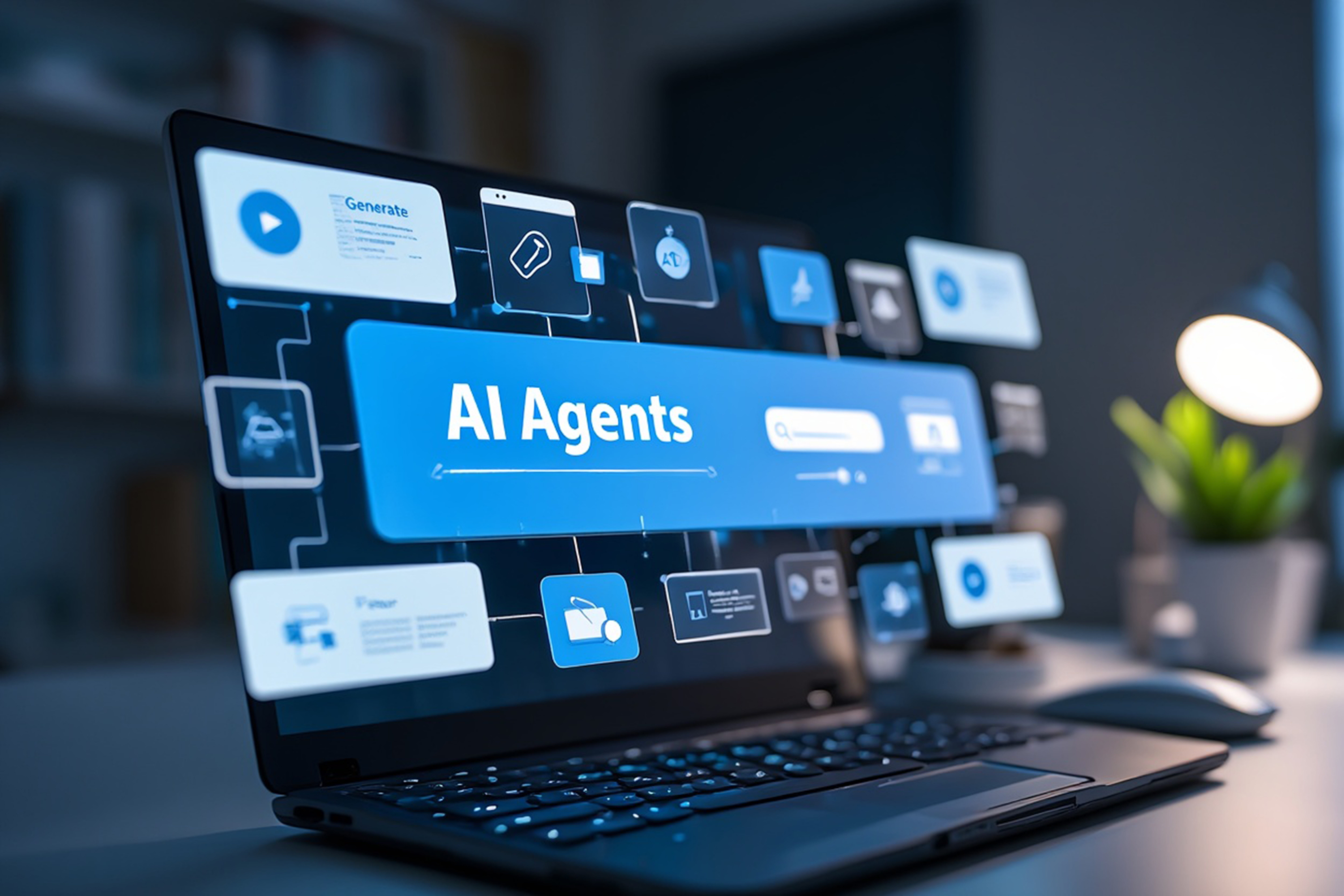 Ecranul unui laptop pe care scrie AI Agents