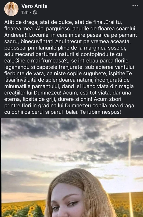 Mesajul mamei Andreei. Foto: social media