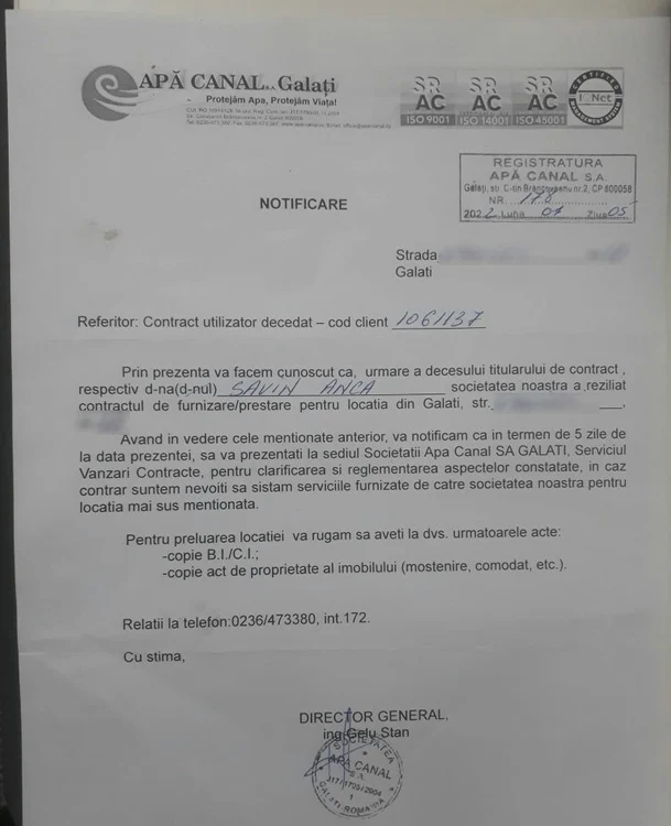 Documentul primit de gălățeanca Anca Savin Foto: viata-libera.ro