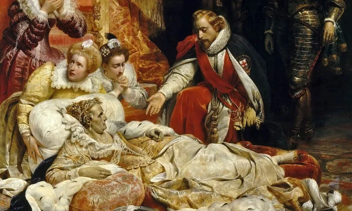 Moartea reginei Elisabeta I a Angliei. Pictură de Paul Delaroche, din 1828 