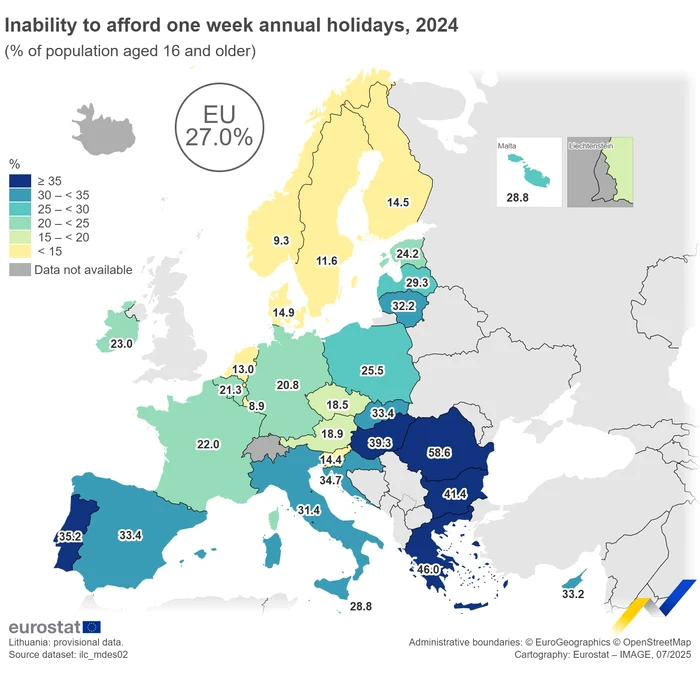 Clasamentul țărilor în care locuitorii nu-și permit o vacanță de o săptămână pe an Foto: Eurostat