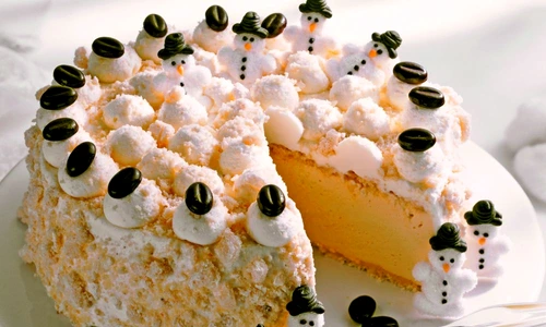 Snow cake with snowman decorations jpeg