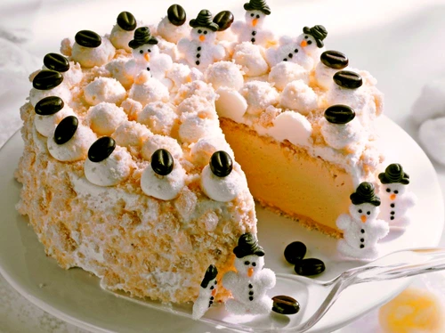 Snow cake with snowman decorations jpeg