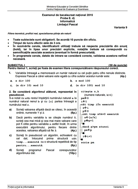 Bac 2015 subiecte Informatica. Limbajul Pascal/Ştiinţele naturii - prima sesiune