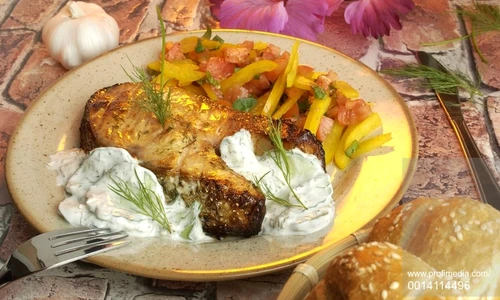 Grilled Salmon Steaks and Dill Sauce with Cucumber and Yogurt jpeg