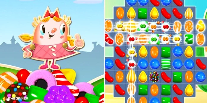 Candy Crush mascot on left game board on right jpg