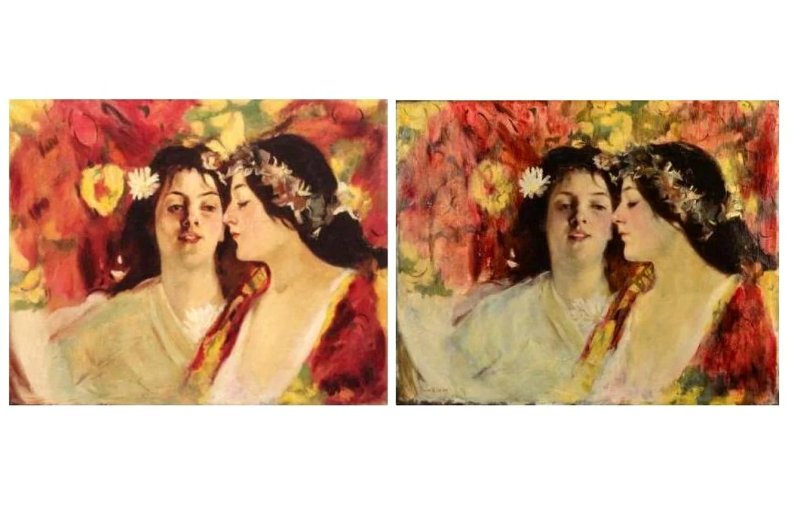 Cele două tablouri de Luchian scoase la licitaţie: "Două muze" de la Artmark (stânga) şi "Două fete" de la Goldart