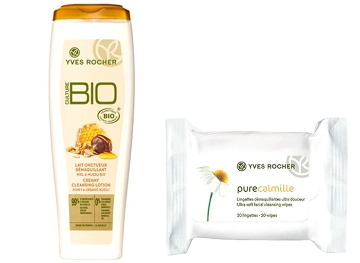 Lapte demachiant cu miere şi musli Bio (38 lei) şi şerveţele demachiante ultra delicate (15 lei), la Yves Rocher