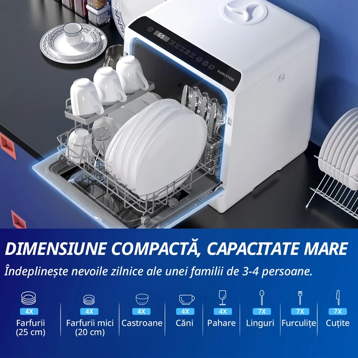 Mașină de spălat vase compactă cu specificații despre dimensiune și capacitate Sursă eMAG jpg