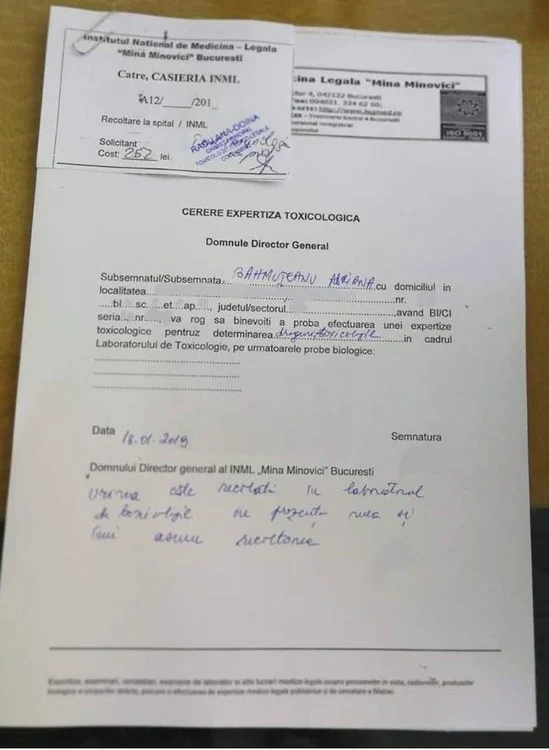 Certificatul care atestă ca Adriana a făcut testul antidrog
