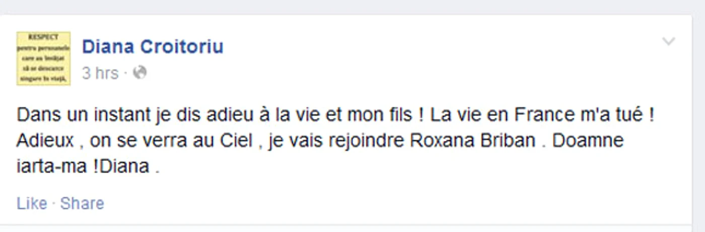 Mesajul postat pe pagina de Facebook a Dianei Croitoriu
