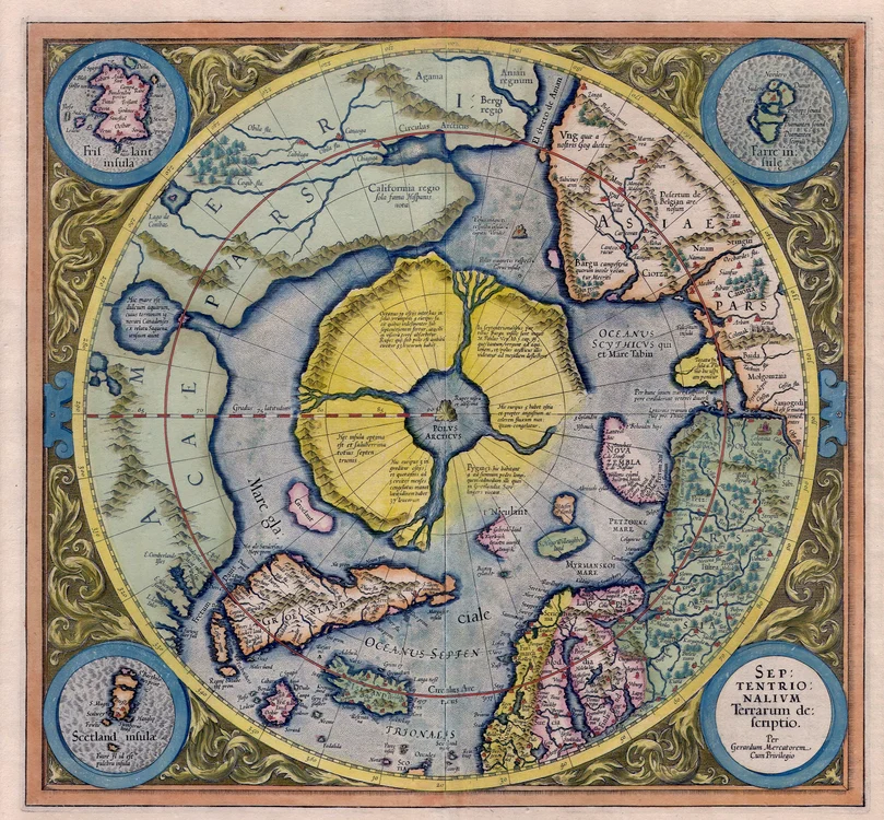 Un continent arctic imaginat de geograful Gerardus Mercator în secolul al XVI-lea FOTO: wikipedia
