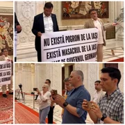 Parlamentari SOS România au protestat înaintea discursului președintelui Israelului. Un senator a negat existența Pogromului de la Iași FOTO captura video Facebook 