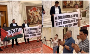 Parlamentari SOS România au protestat înaintea discursului președintelui Israelului. Un senator a negat existența Pogromului de la Iași FOTO captura video Facebook 