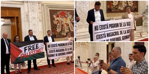 Parlamentari SOS România au protestat înaintea discursului președintelui Israelului. Un senator a negat existența Pogromului de la Iași FOTO captura video Facebook 