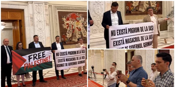 Parlamentari SOS România au protestat înaintea discursului președintelui Israelului. Un senator a negat existența Pogromului de la Iași FOTO captura video Facebook 