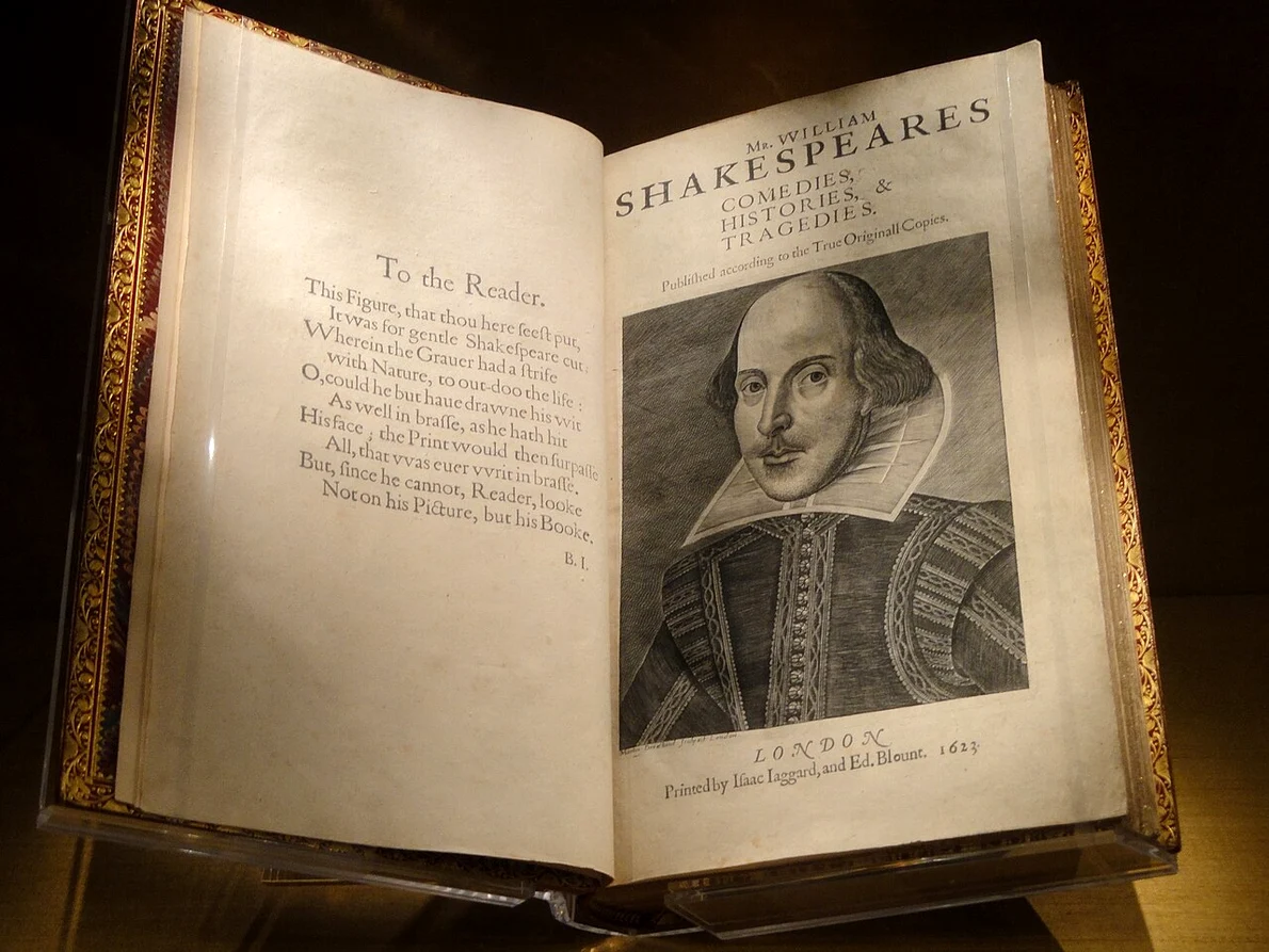 Volumul First Folio, la Folger Shakespeare Library, Washington DC, SUA