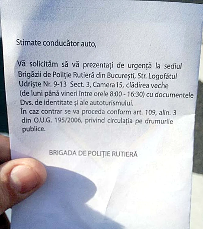 Aşa arată înştiinţarea  pe care au primit-o şoferii