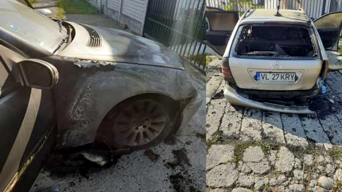 Mercedesul unei familii din Berbeşti  - Vâlcea incendiat de rudele unui proxenet, din clanul de romi „Senatorul”, care au vrut să se răzbune; au fost arestaţi preventiv; Foto voceavâlcii ro