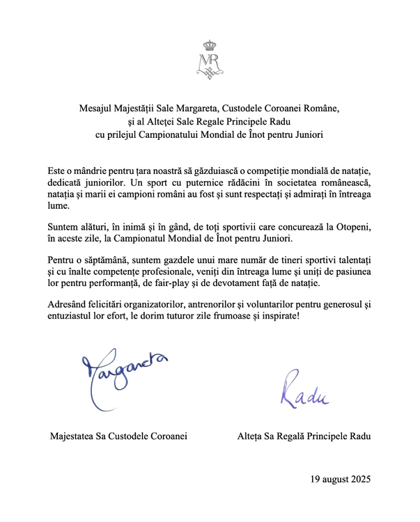 2025 8 19 Mesajul regal pentru Campionatul Mondial de Inot pentru Juniori png