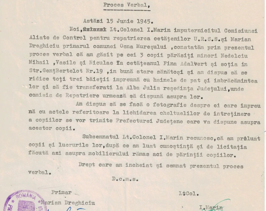 Procesul verbal prin care sunt preluați copiii FOTO Arhivele Naționale Alba