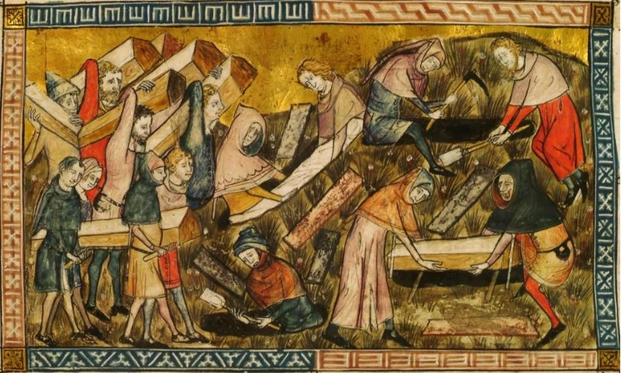 Locuitorii din Tournai îngroapă victimele ciumei. Miniatură medievală (© Wikimedia Commons)
