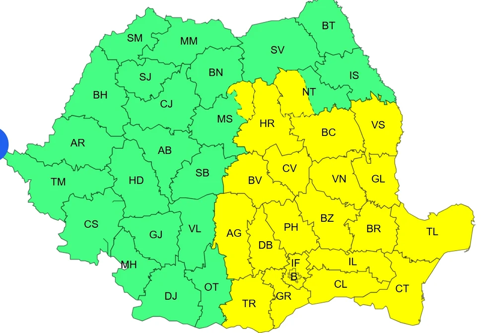 Județele vizate de a doua avertizare Cod Galben