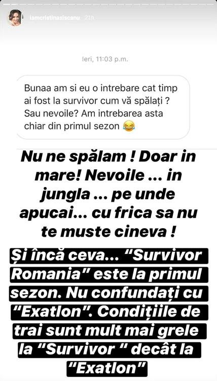 Răspunsul Cristinei Șișcanu pe Instagram